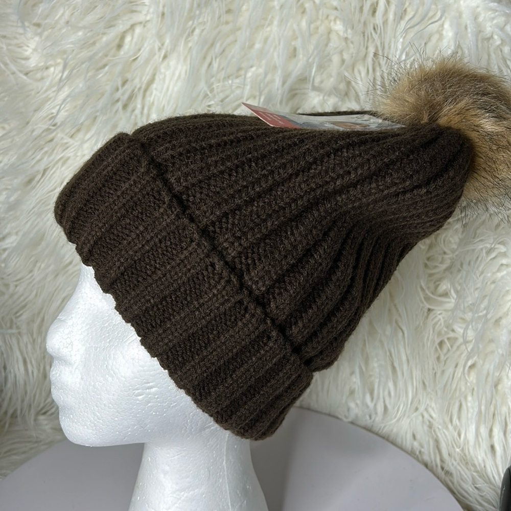 TruFit Heavy brown Knit Hat Beanie with Pom black Fur Lining NWT.